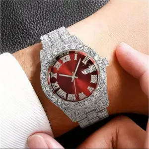 Men's Business Casual Luxury Quartz Watch, Round Dial Steel Band Fashion Accessory, HiphopElegant Crystal-Embellished Timepiece For Men & Women, Quartz Watch, Full Diamond Decorated Glistening Watch by Aces Outlet