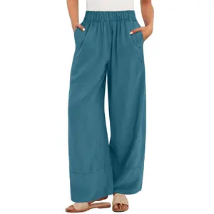 ANRABESS Women's Wide Leg Linen Pants Summer Boho Casual Elastic Waist Long Lounge Travel Pants Comfortable Trousers with Pockets