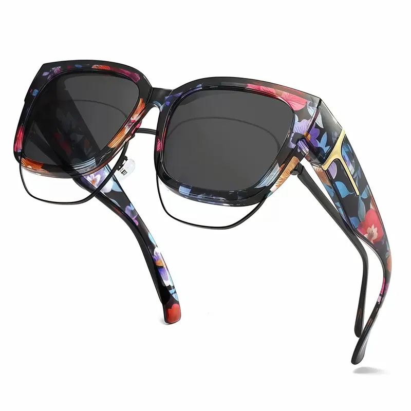 EUNOIALENS Stylish Floral Multicolor Women's Jumbo Sunglasses - Slide Over Rx Frames, Patterned Full Rim, HD Polarized UV400 PC Lenses, Lightweight, Enhances Visual Clarity, Sun Protective Eyewear for Driving