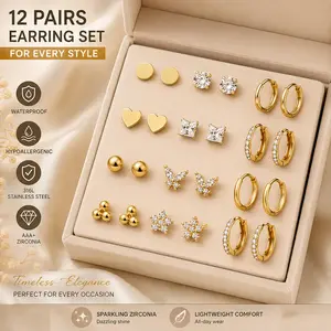 24Pcs (12-Pairs) Luxurious 14K Gold Plated Earrings Set Hypoallergenic 316L Stainless Steel Flat Back Earrings Inlaid Shiny Cubic Zirconia Heart/Star/Butterfly/Flower Flatback Stud Hoop Cartilage Stackable Ear Stud Daily Vacations, Party Wear, Jewelry
