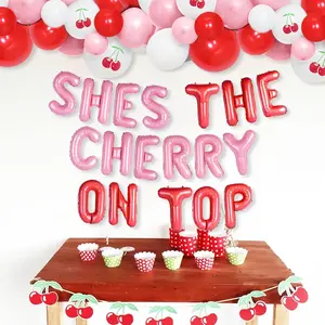 LaVenty Cherry Theme Balloon Set for Baby Shower & Bridal Shower Decorations - Pink & Red Cherry Balloons, Alphabet Balloon, Cherry Banners - Perfect for Girls' Birthday, Engagement, & Bachelorette Parties