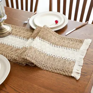 Boho - 12 x 72 Inch, Splicing Burlap Farmhouse Cotton with Fringed Edges for Bohemian Rustic Wedding, Bridal Shower, Dinner (Brown & White)