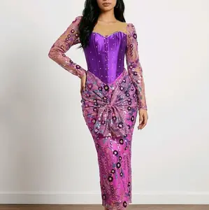Elegant Purple Sequin Dress with Long Sleeves and Floral Patterns for Special Occasions