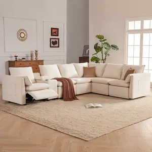 6-Seater Power Reclining Sectional Sofa Set with Storage Console, Wall-Hugger Recliner Sectional Couch with Cup Holders, Reclining Sectional Couch for Living Room (Chenille, Beige)