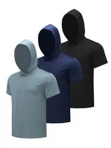 3 Packs Men's Athleisure Hooded Short Sleeve T-Shirt, High Performance Moisture Wicking Casual Workout Tennis T-Shirt, Small Judy Fabric