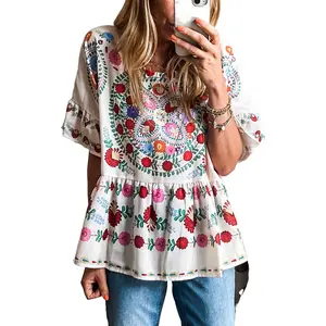 Women's White Boho Floral Print Ruffle Trim Blouse - Short Sleeve Round Neck