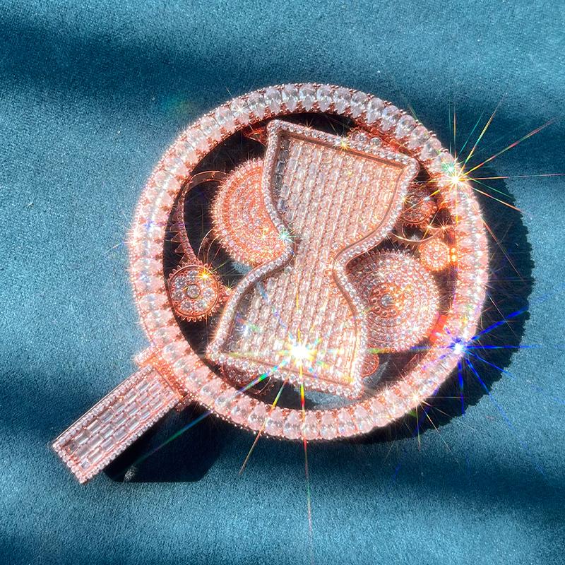 Customized rose gold hourglass jewelry VVS rotatable and maneuverable hip-hop hourglass ice personalized customized full diamond pendant, hip-hop street culture jewelry