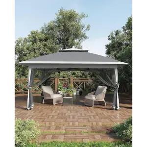 12×12 ft Easy One-Push Pop Up Gazebo Canopy, Complete with Mosquito Netting and 4 Sandbags, Adjustable Height, Waterproof UV-Resistant Fabric, Ideal for Camping, Backyard Gatherings, BBQs and Outdoor Celebrations