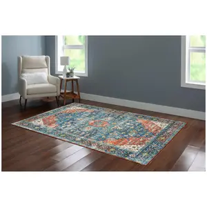 Linon Home Decor Washable Isla Teal/Rust 5x7 Area Rug