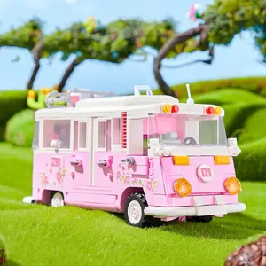Dreamtown Pink Bus Building Blocks Sets Assembly Bricks Travel Camper Van Car Model Toys Ornaments Girls Adult Birthday Valentine's Day Gifts