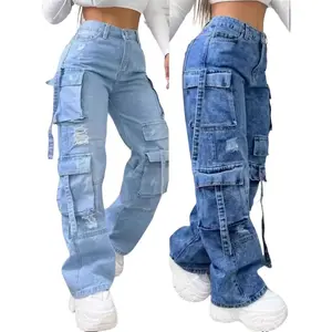 2025 New Fashion Solid Color Versatile Plus Size Waist Multi-Pocket Cargo Pants Women's Jeans handpainted  jeans