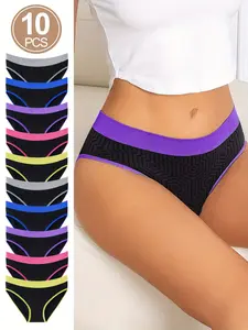 Women’s No Show Breathable Panties - Geometric Ice Silk Feel Fabric No VPL, Non-Slip Colorful Waistbands for Leggings & Active Wear, 10 Pack Underwear Womenswear