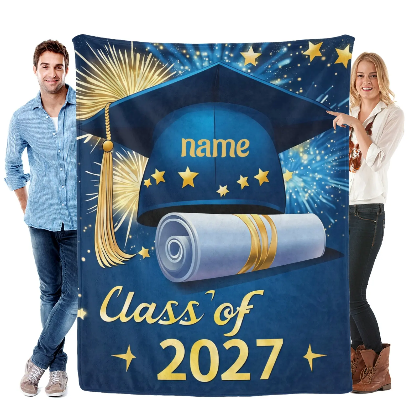 Personalized Graduation Blanket - 2027/2028 Class Name Customizable Flannel Bedspread, Lightweight All-Season Soft Throw for Graduation Parties & Classroom Decor, Machine Washable Single-Side Textile, Personalized Blankets