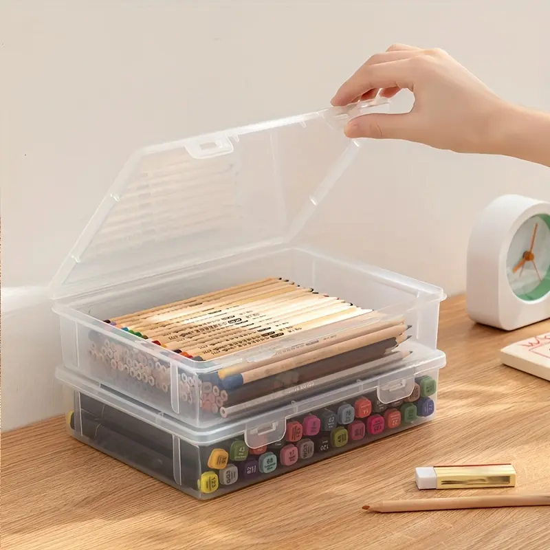 1pc Large Capacity Pencil Case, Transparent oil painting stick Crayon storage empty box - color lead plastic with cover stationery organizer Watercolor marker storage box