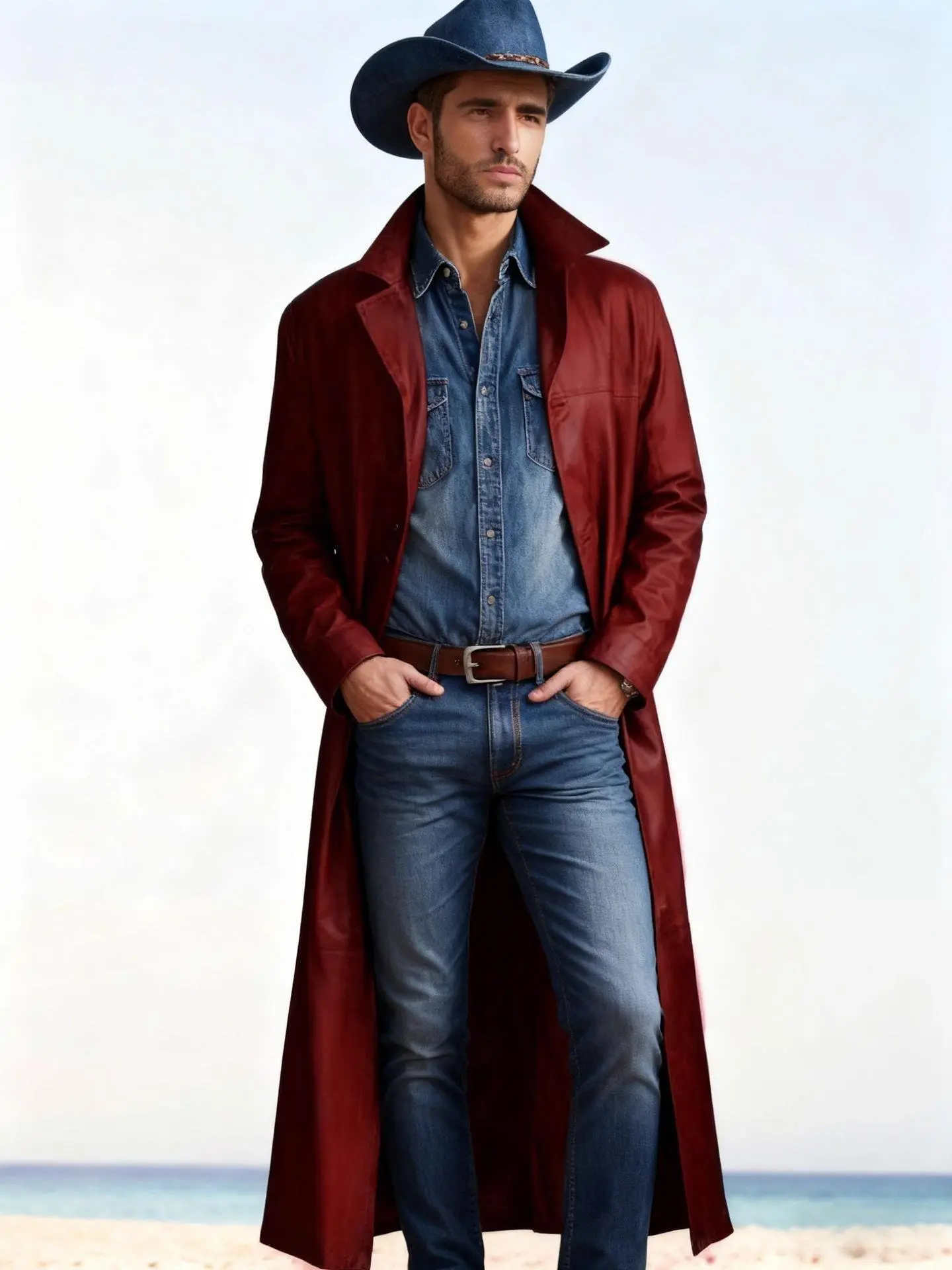 Men's Burgundy Faux Leather Full Length Trench Coat, Notched Lapel Open Front Western Long Overcoat Casual Outerwear