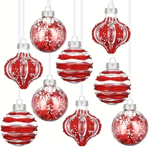 9-Pack 3.15" Red Glitter Christmas Ornaments, Shatterproof Plastic Round Decorative Balls, Festive Holiday Tree Decorations for Home, Wedding, Party, Office, with Hanging Ribbons