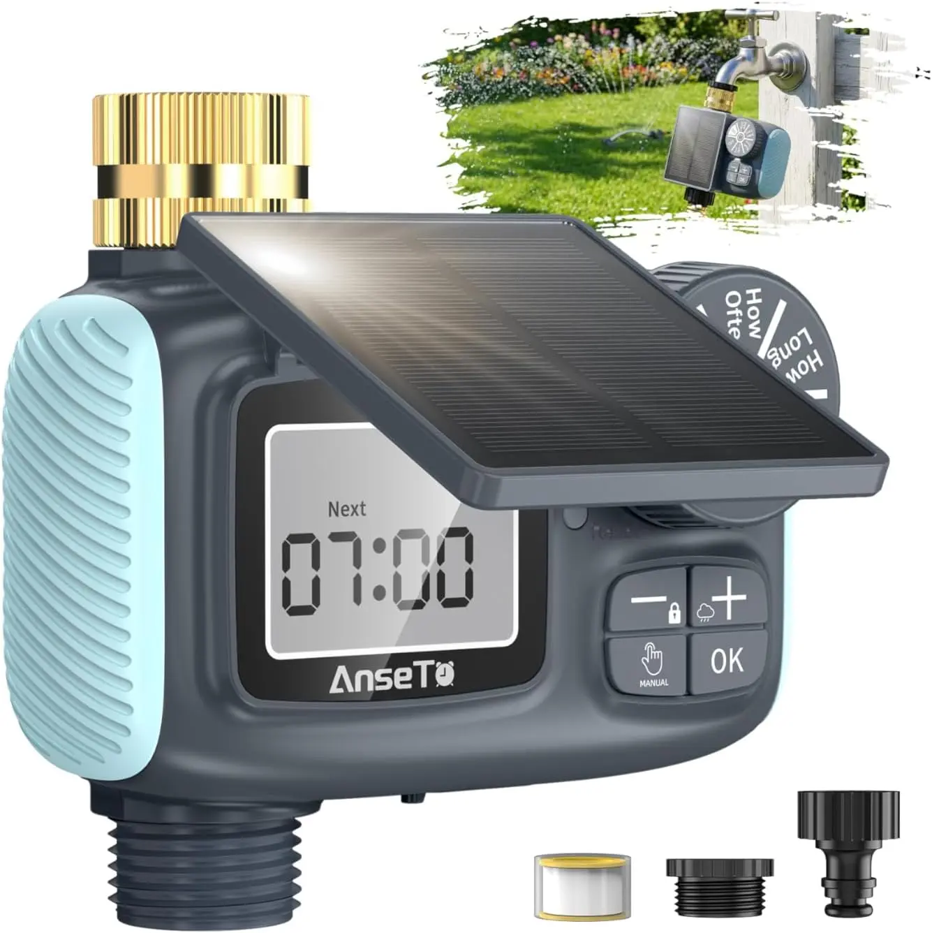 Solar Sprinkler Timer, Solar & Type-C Rechargeable Water Timer for Garden Hose, Programmable Faucet System with Rain Delay/Manual/Auto Mode, Digital Irrigation Controller for Lawn/Yard/Pool