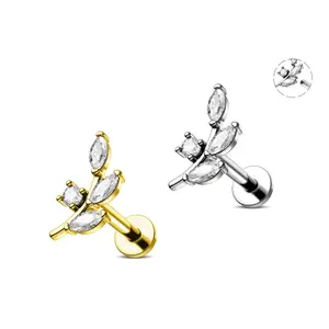 Oufer Leaves CZ Internally Threaded Helix Stud 316L Stainless Steel Cubic Zirconia Jewelry Adjustable Yoga Jewelry Organic Minimalism