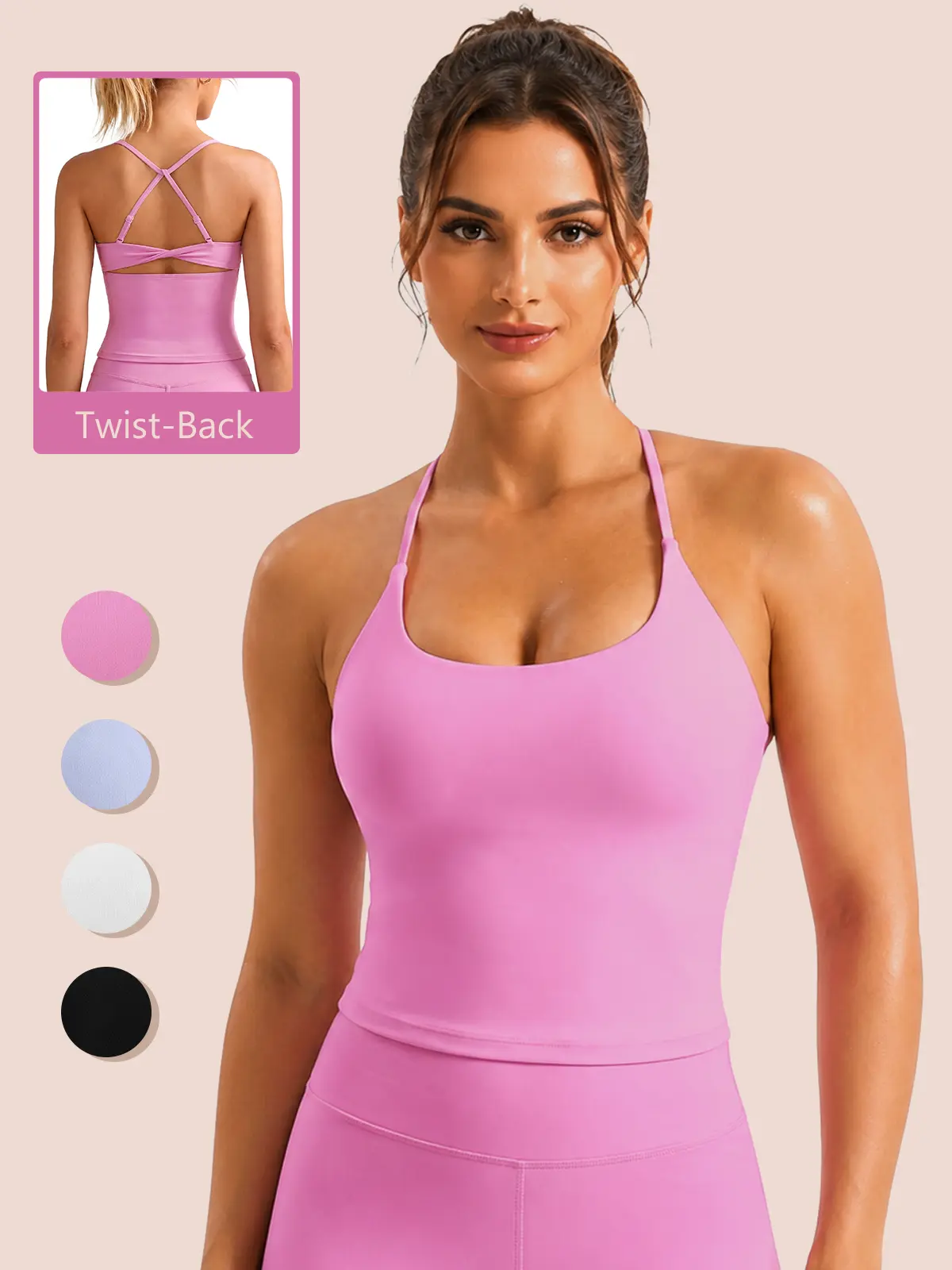 RIOJOY Womens Twist Back Workout Tank Top Crisscross Back Yoga Top Strappy, Padded, U Neck, Halter, Adjustable Strap, Yoga, Athletic, Crop Top, Camisole，Active Tank