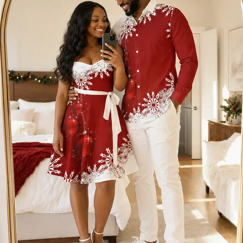 2026 Christmas Couples Clothes Set (Lady's Dress+Men's Shirt) - Women's Spandex Fabric Fitted Sleeveless Sweetheart Neck Snowflake Bell Contrast Print Dress, Men's Roll-Up Sleeve Shirt for Party