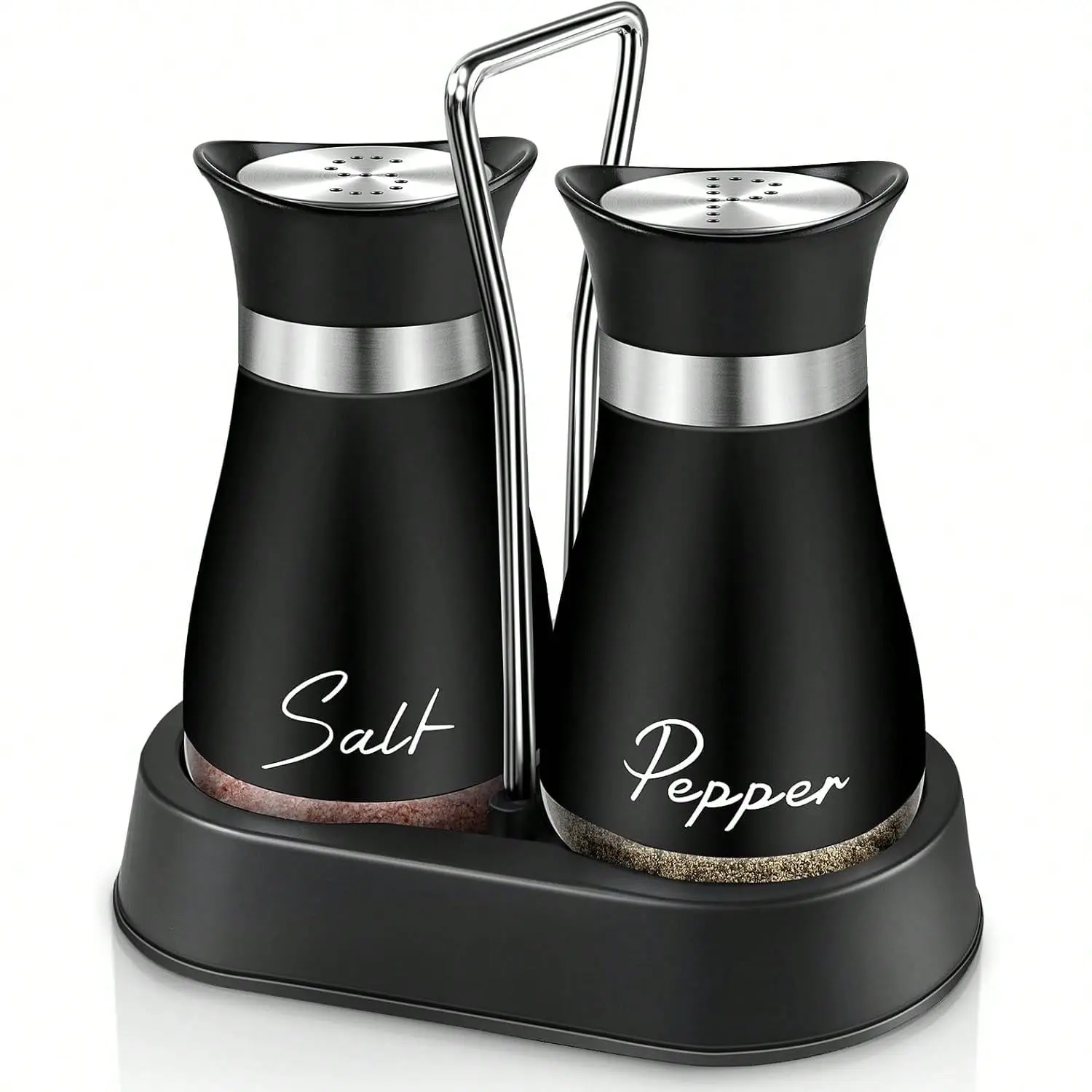 Salt and Pepper Shakers, Farmhouse Salt and Pepper Shakers Set with Holder, electroplated Handle, 4 oz Stainless Steel Glass Bottle Dispenser, for Table, RV, Camp, BBQ (Yellow)