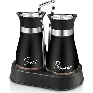 Salt and Pepper Shakers, Farmhouse Salt and Pepper Shakers Set with Holder, electroplated Handle, 4 oz Stainless Steel Glass Bottle Dispenser, for Table, RV, Camp, BBQ (Yellow)