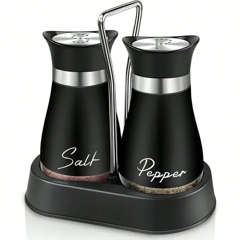 4 oz Durable Modern Farmhouse Salt and Pepper Shakers Set, Stainless Steel-Tempered Glass with Electroplated Handle, Lid & Non-Slip Holder, Reusable Kitchen Gadgets for Table, RV Use
