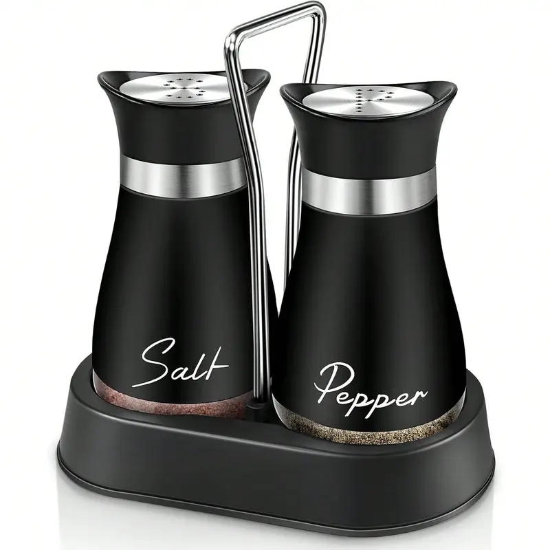 4 oz Durable Modern Farmhouse Salt and Pepper Shakers Set, Stainless Steel-Tempered Glass with Electroplated Handle, Lid & Non-Slip Holder, Reusable Kitchen Gadgets for Table, RV Use