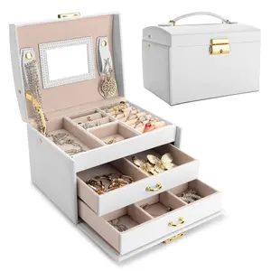 RUINENGDA 3 Layer Jewelry Box Lockable Jewelry Organizer Box with Mirror for Women Girls Gift68x53x47Inches