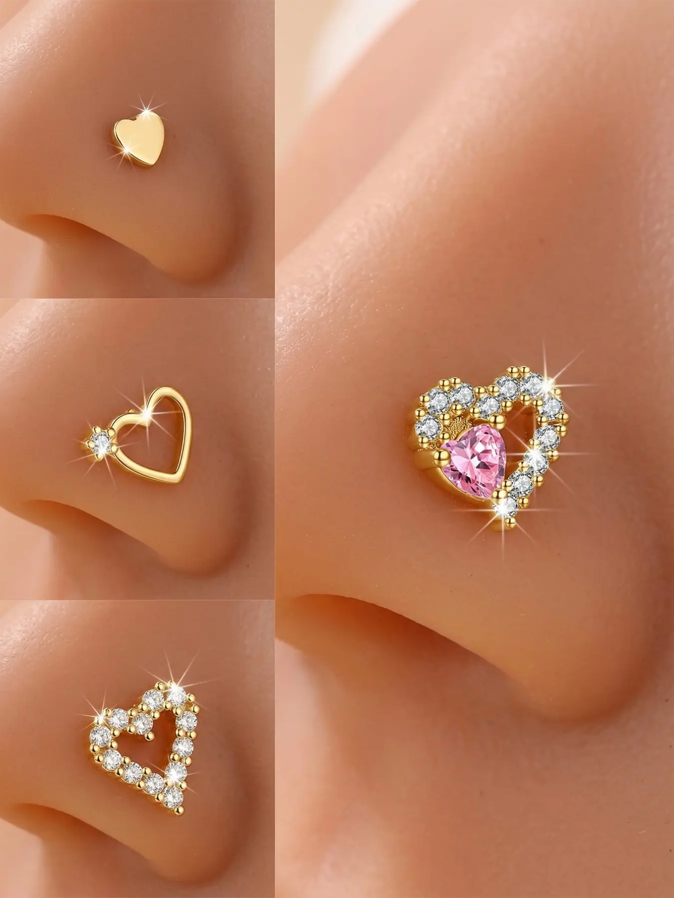 Heart Nose Studs with Synthetic Zirconia Stones, Stainless Steel Cute Heart Design Nose Rings for Daily Wear & Gifts, Party Style Piercing Jewelry, Chic Body Jewelry