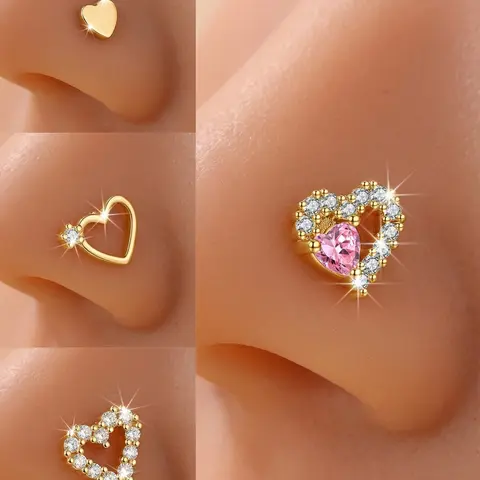 Heart Nose Studs with Synthetic Zirconia Stones, Stainless Steel Cute Heart Design Nose Rings for Daily Wear & Gifts, Party Style Piercing Jewelry, Chic Body Jewelry, Gems Nose Ring, Body Jewellery
