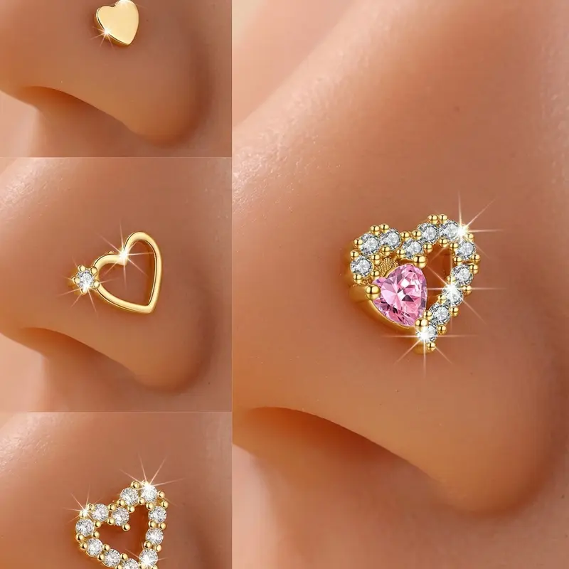 Heart Nose Studs with Synthetic Zirconia Stones, Stainless Steel Cute Heart Design Nose Rings for Daily Wear & Gifts, Party Style Piercing Jewelry, Chic Body Jewelry, Gems Nose Ring, Body Jewellery