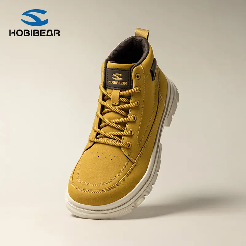 HOBIBEAR trendy unisex synthetic leather high-top work boots with thick soles for outdoor wear and a wide toe box, short ankle height