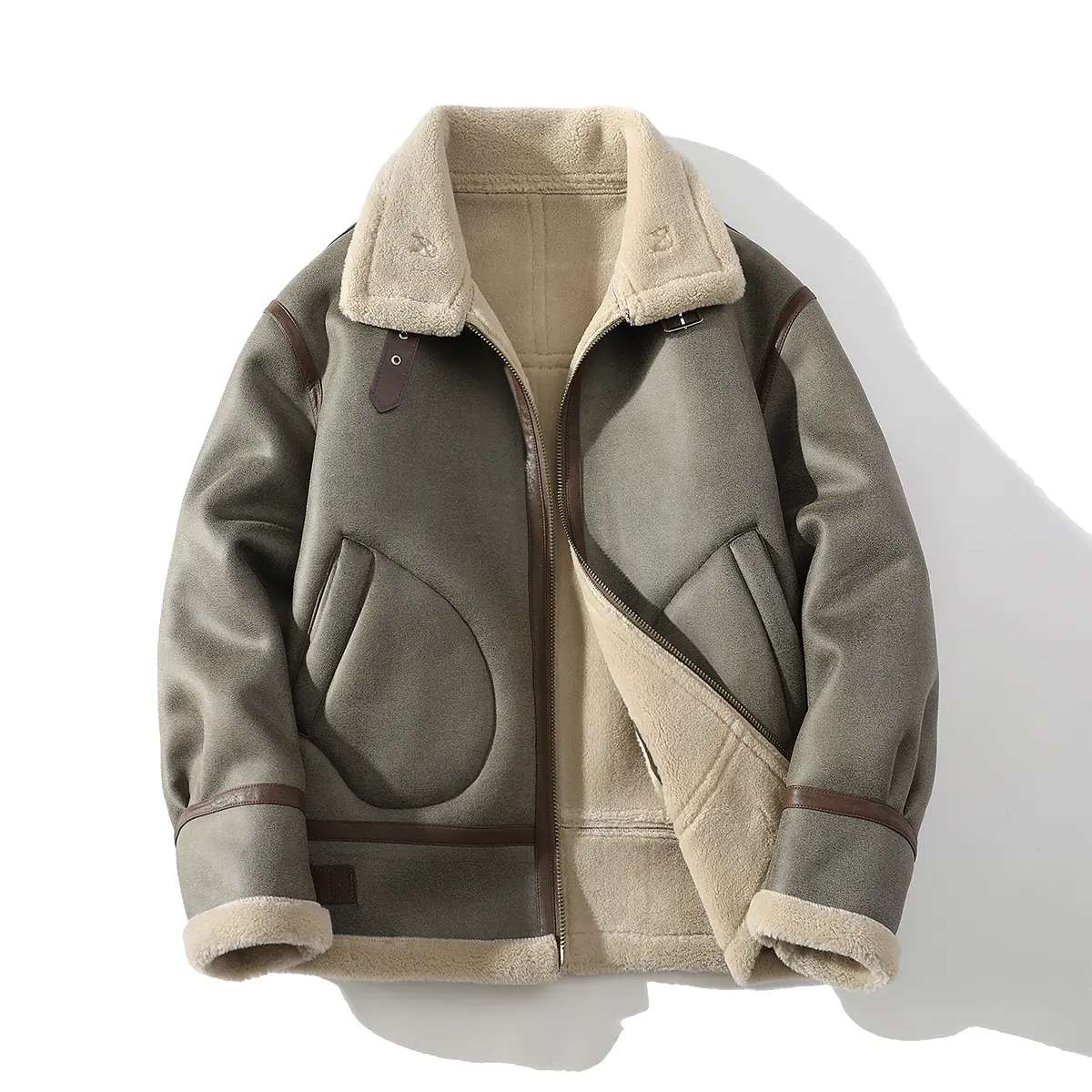 Handmade Men's Winter Thickened Warm Moto Jacket, Limited Edition, Faux Suede Fleece-Lined Outdoor Windproof Outerwear with Pockets