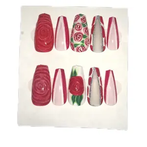 Red Roses French Design Press On Nails - Pink and Red Colorway with Unique Shapes, Suitable for Various Styles