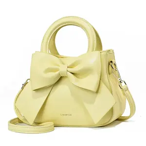 M74-Cute Yellow Bow Handbag For Women Sweet Top Handle Tote Bag Crossbody Shoulder Bag For Daily Use