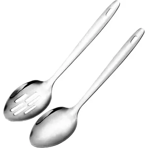 Large Cooking Spoon Set, 12.5-inch Stainless Steel Solid & Slotted Spoons, Heavy Duty Metal Spoon for Mixing, Serving, Stiring Kitchen Utensils.