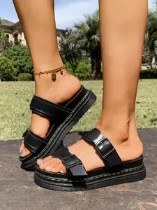 Summer Comfortable Slip-On Sandals, Casual Style PU Upper Material, Rubber Sole, Less Than Ankle Height, Anklet Detail