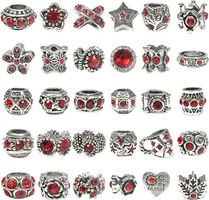 30pcs Red Large Hole European Beads Antique Silver Metal Rhinestone Rondelle Spacer Charms Beads Assortments for Bracelets Necklaces Jewelry Making