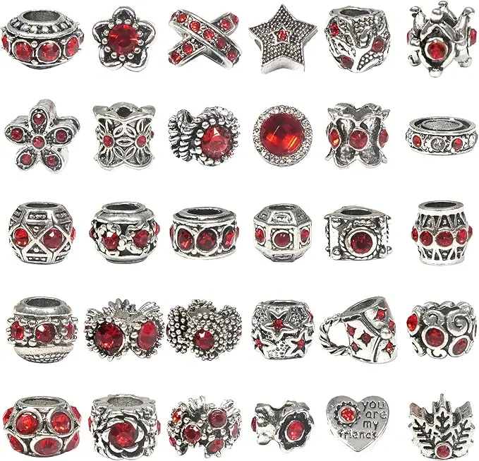 30pcs Red Large Hole European Beads Antique Silver Metal Rhinestone Rondelle Spacer Charms Beads Assortments for Bracelets Necklaces Jewelry Making