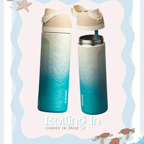 [Special Edition] OWALA Birthday Beach Bash "Rolling In" 24oz FreeSip Limited Edition BottleTravel Mug with Handle, 100% Leak Proof, For Hot and Cold Drinks, Travel Friendly with Sliding Lock Lid,  BPA Free, Leak Proof, Pucker Up