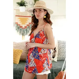 Sleeveless Bandana Print Woven Cowl Neck Camisole | Red