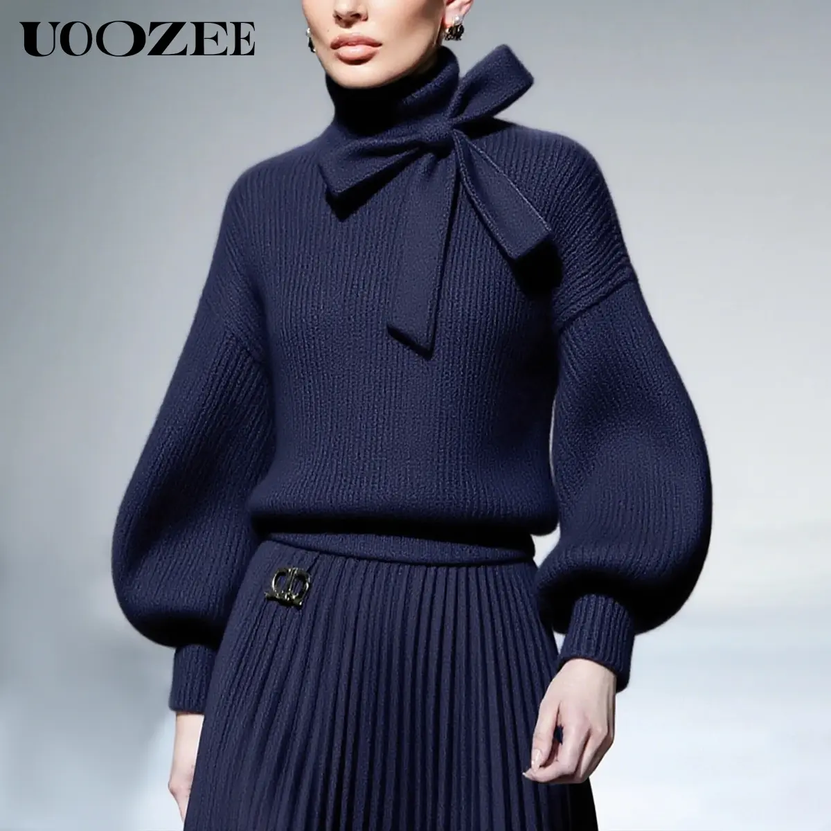 UOOZEE Women's Thick Turtleneck Knit Sweater - Minimalist Long Sleeve Knitwear Pullover with Chic Bow Accent, Casual Loose Fit Top for Autumn Winter, Thanksgiving, Easter, Outdoors
