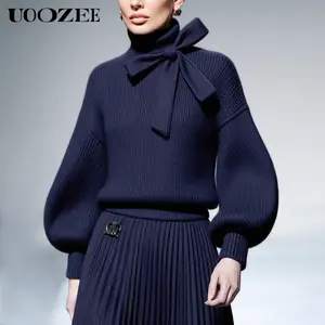 UOOZEE Woman Clothes New Autumn Winter Lantern Sleeve Sweater Solid Turtleneck Chic Bow Warm Commuting Knitwear Pullovers