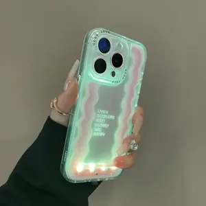 Sound-Control Glowing Wavy Wave Pattern Hollow Cartoon Smartphone Case Protection, Unique Call Light Design, Couple Style, Fits 13/14/15/16/17 Pro/pro Max