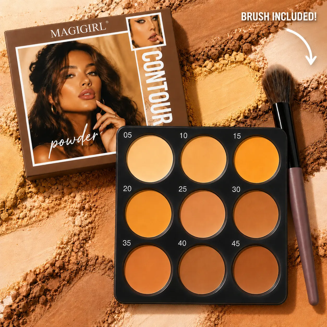 MAGIGIRL 9-in-1 Flawless Contour Cosmetic Palette, 9 Shades + Free Brush, Smooth Matte Bronzing & Sculpting Powder for All Skin Tones, Natural Look soft sculpt bronzer