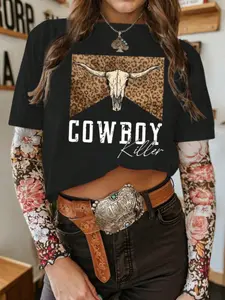 Women's Casual Round Neck Short Sleeve T-Shirt, Retro Western Cowboy Rodeo Print, Boho Streetwear Style, Perfect for Spring & Summer, Top