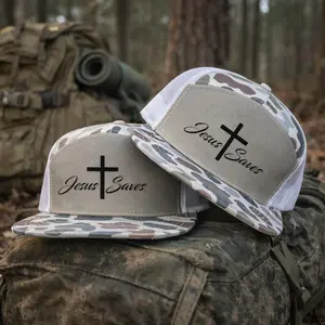Jesus Saves 7 Panel Snapback Hat, Embroidered Christian Faith Trucker Cap, Camo Mesh Back Outdoor Hat, Gift for Men Dad