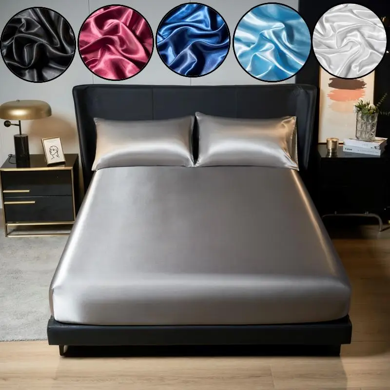 Solid Color Satin Fitted Sheet, 1 Count Soft Breathable Bed Sheet or 2 Counts Pillowcase without filler, Halloween Decor Bedding Supplies for Home Bed