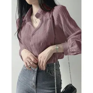 Women'sPleatedSolidColorLooseTurndownCollarBlouse,Purple,Spring/Summer/Autumn